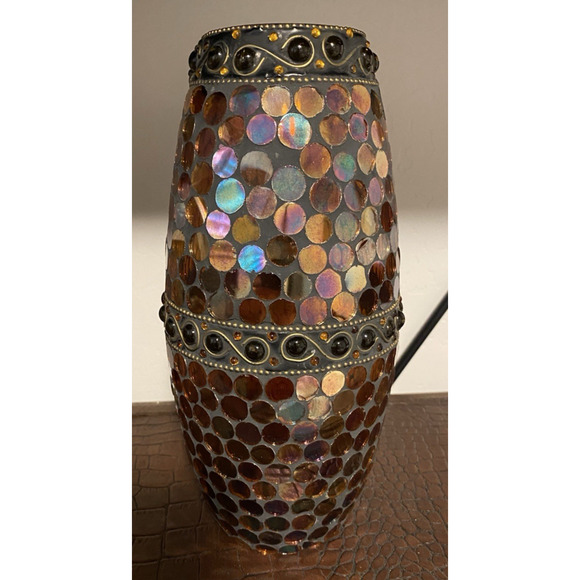 Pier 1 Stained Glass Red Iridescent Mosaic Vase /Centerpiece 10” Tall Metal Trim - Picture 3 of 8